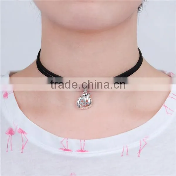 Velvet Suede Double Layer Halloween Choker Necklace Antique Silver Black Pumpkin 33.5cm long