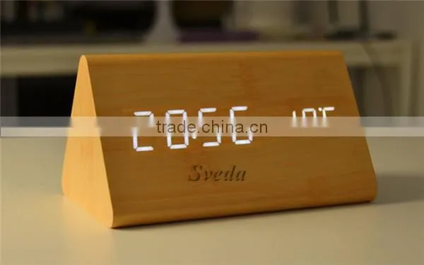 (Crazy Hot Selling)Wholesale Digital Wooden LED Alarm Clock,Wooden Table Clock,sound control Alarm Clock,Triangle wooden clock