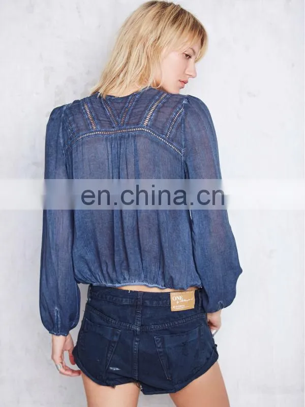 Lace trimed long sleeve woman surplice woven top