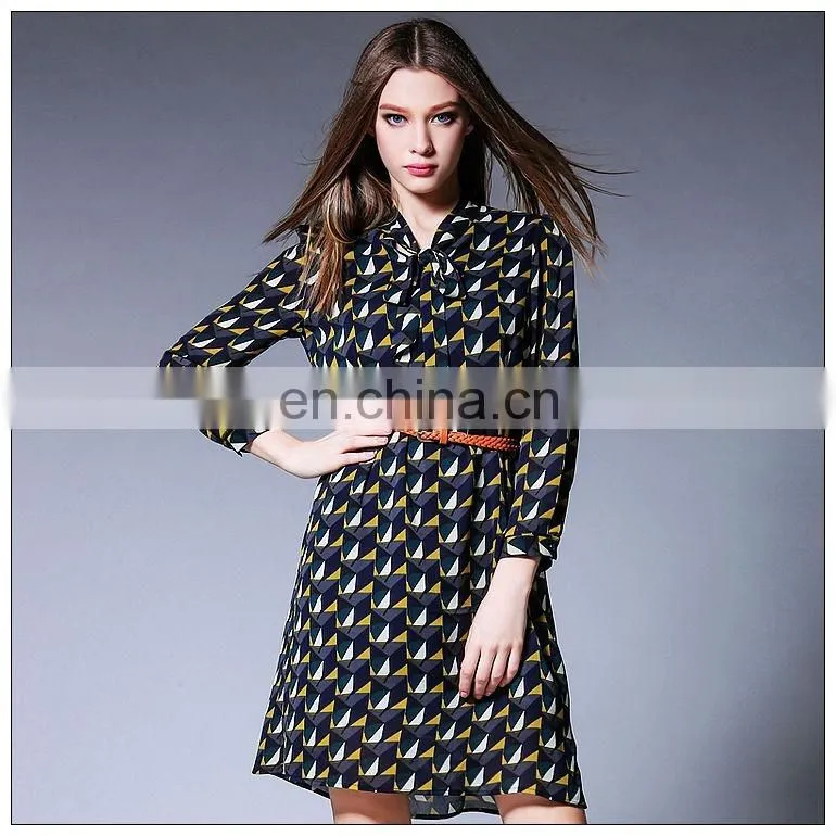 Side vent open chiffon print dress hot sell styles chiffon bow dress