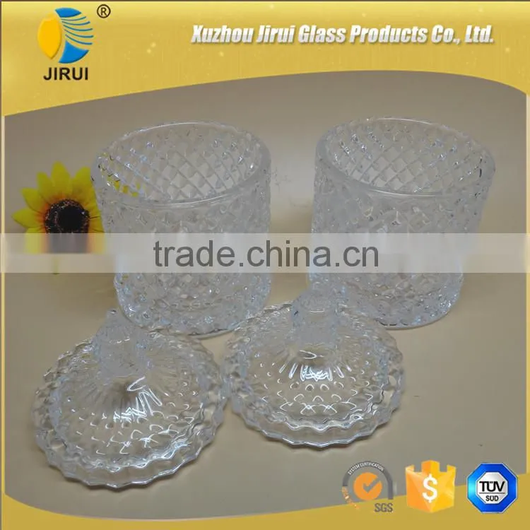glass candy jar with glass lid with embossed design