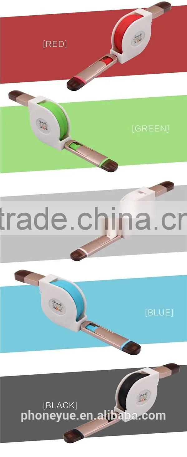 2016 powerful metal retractable flat noodle 2 in 1 usb data charging cable