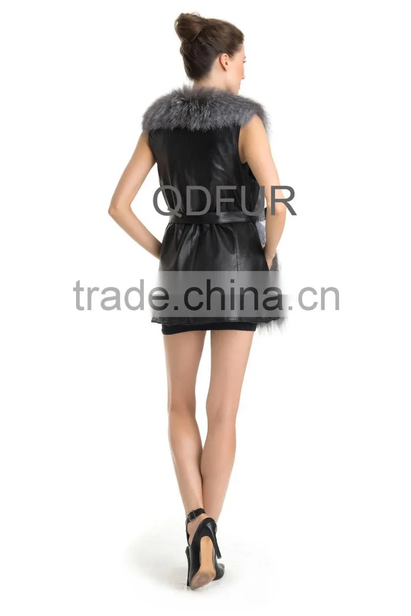 QD70701 Ladies Real Silver Fox Fur Vests Woman With Sheep Leather 2014 New Products From China