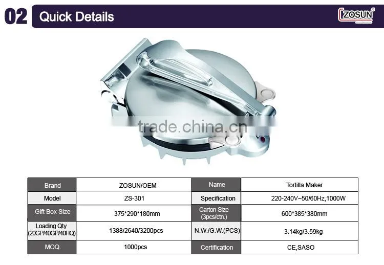 2015 Hot Selling ZS-301 Aluminium inner plate Cast Iron Tortilla Press