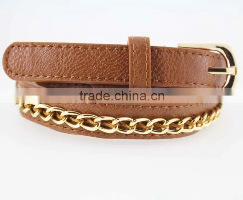 Hot sale Women's Fashion Belt with high quality gold PU leather& Gold Metal Chian for jeans