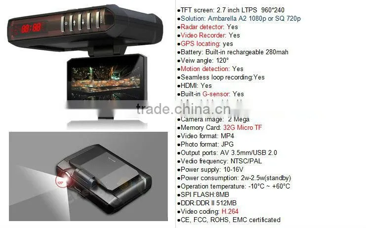 Russia and Korea Market Full HD DVR+Radar detector+GPS 3in1 detector de radar