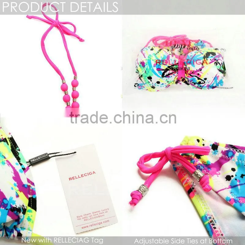 Wholesale Swimwear! Push-Up Sexi Hot Girl Bikini Model with Neon Pink Neck Ties by RELLECIGA