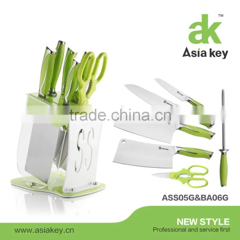 New arrival kitchen knife set,green ABS handle,acrylic block