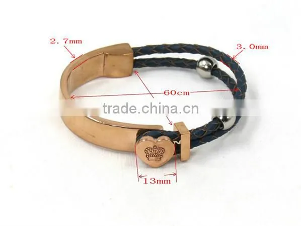 Fashion Rose gold bracelet and black leather stainless steel bangle