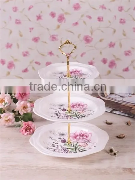 Ceramic Material Sunflower Decal Three Tiers Cake Plates with Metal Stand