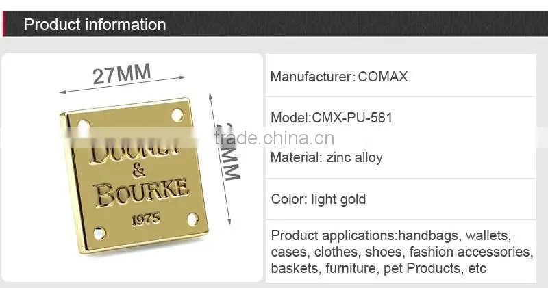 Factory supply custom metal logo plate for handbags