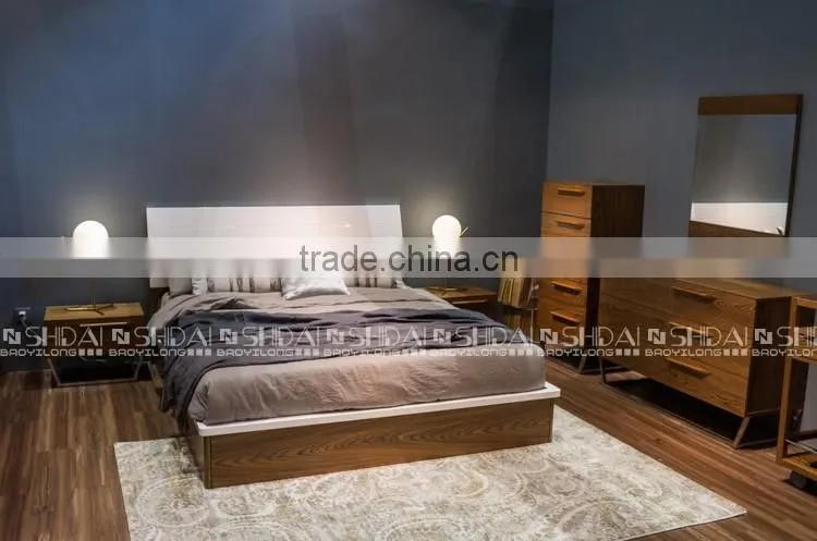 2016 NEW Walnut Color White Headboard Wood Double Bed Designs With Box Storage B-825L