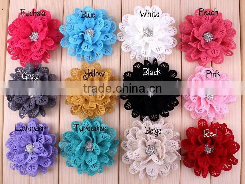 hot cutting fabric flower with rhinestone center for kids hair accessories