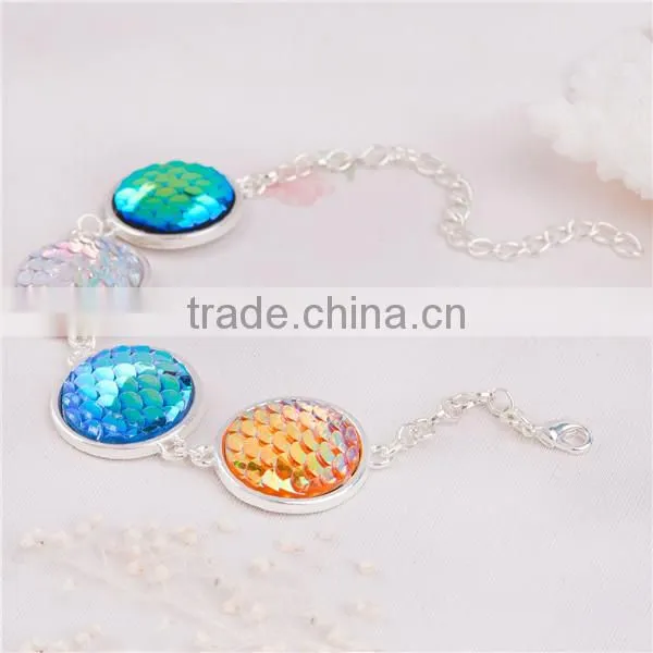 Resin Fish /Dragon Scale Bracelets Link Cable Chain Silver Plated Multicolor Round Fish Scale 17.5cm long