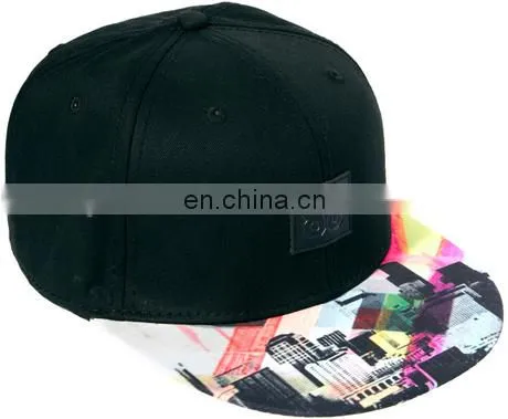 Black 5 panel hat with printing flat brim