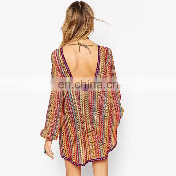 New arrival cut out back long sleeve stripe print vintage retro dress