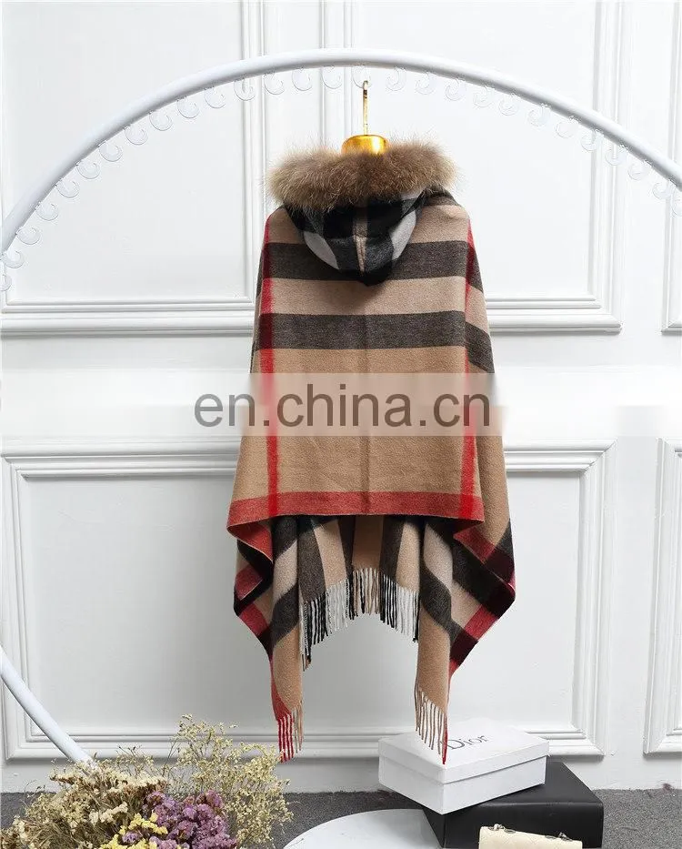 Fashion Women Real Raccoon Fur Hood Shawl Wool Cashmere Scarves Shawls