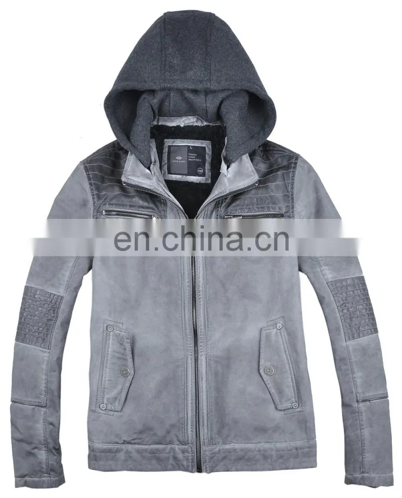 2015 Latest Fashion Men Hooded Leather Motorcycle Jacket