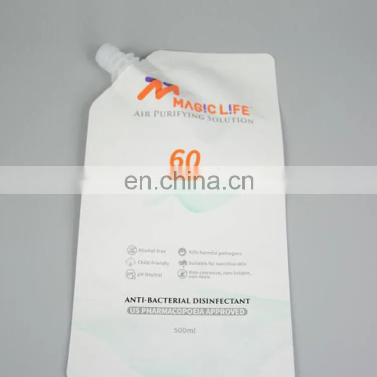 China manufacture coloring printing 500ml anti-bacterial disinfectant stand up packaging pouch with spout
