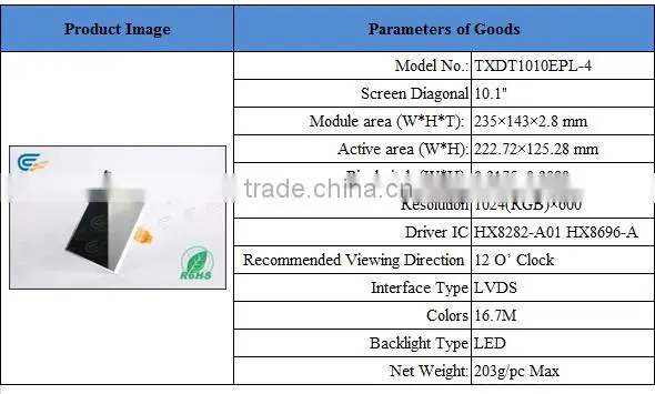 10.1 inch T.B.D. Color 16.7M TFT DISPLAY