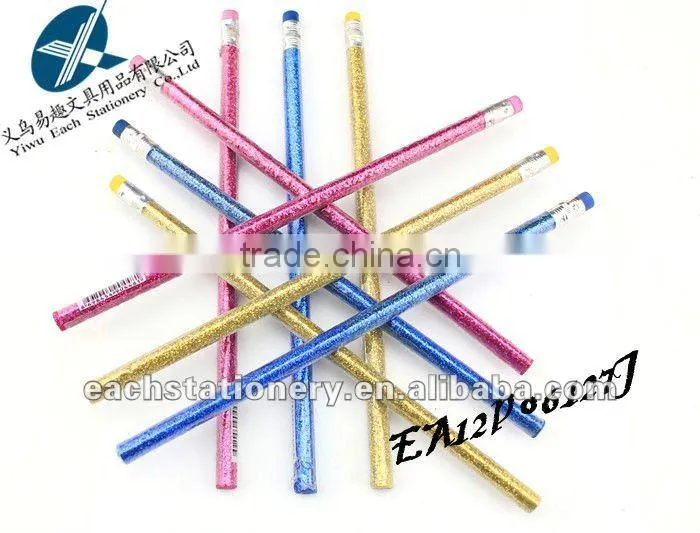 2015 new arrival HB triangular pencil glitter pencil, shrink film with color eraser