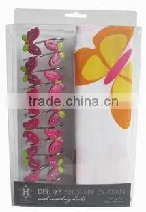 butterfly design shower curtain with 12 pcs decorative resin hooks