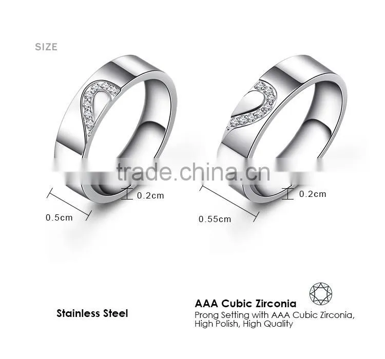 A pair Stainless Steel Couple Rings Ture Love Heart Wedding CZ Band Promise Love
