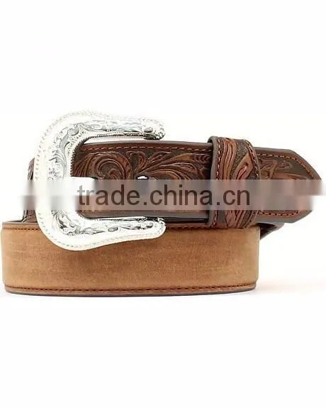 Western cowboy's Silver Buckle Belt Floral Embossed Leather Belt