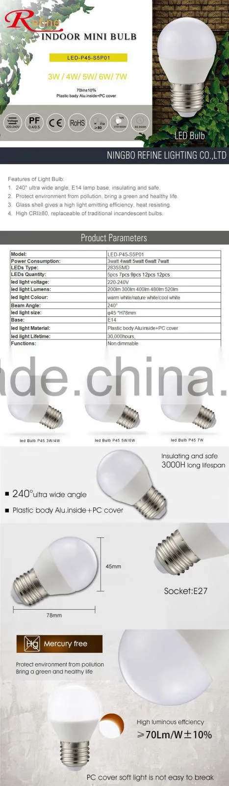 2016 Hot sale shopping indoor lighting P45 E27 7W led bulbs with CE Rohs 5w led bulbs