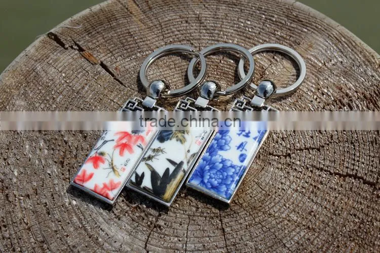 blue and white porcelain logo excellent qualtiy key chain with beautiful paper card
