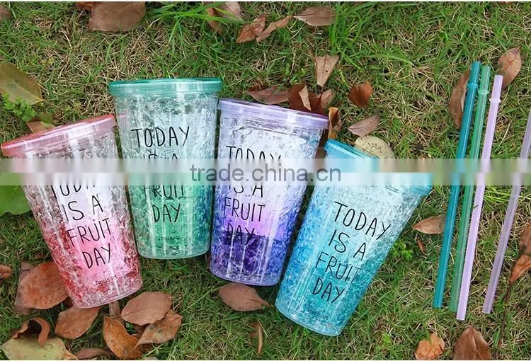 beautiful double wall plastic drinking mug with straw summer ice cup