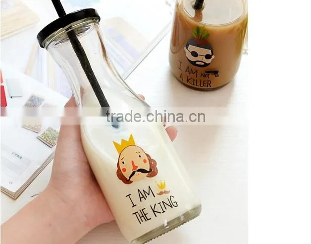 500ml bulk glass milk bottle manufacturer with metal cap and plastic straw