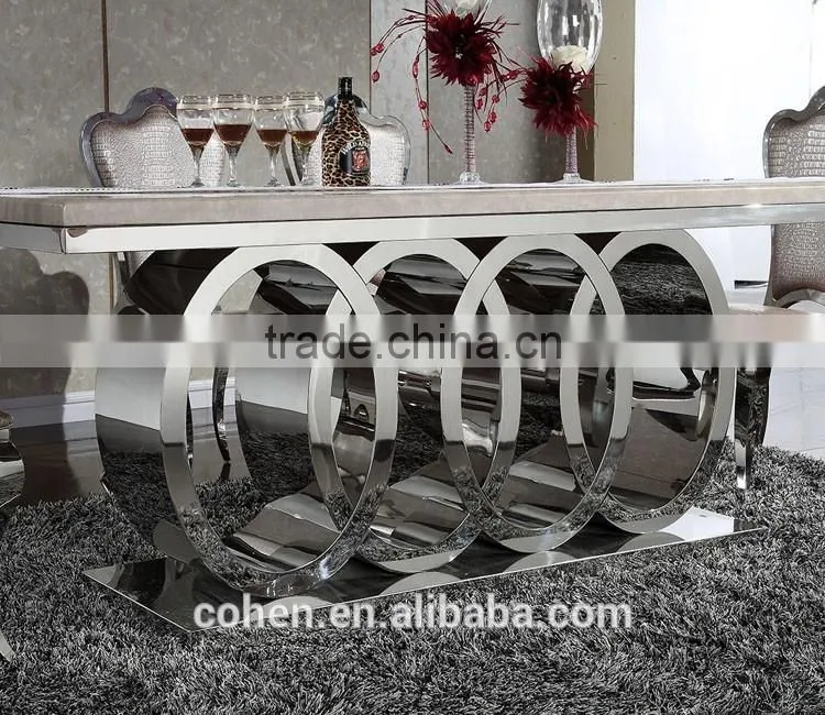 Audi symbol base marble top dining table set/dining table and chairs with stainless steel furniture and restaurant furniture