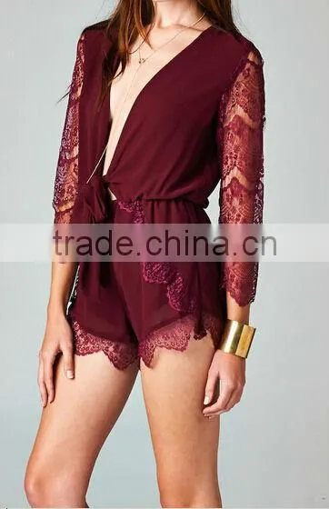 2015 new stylish sexy ladies Deep V neck open front romper playsuit lace sleeve short jumpsuit