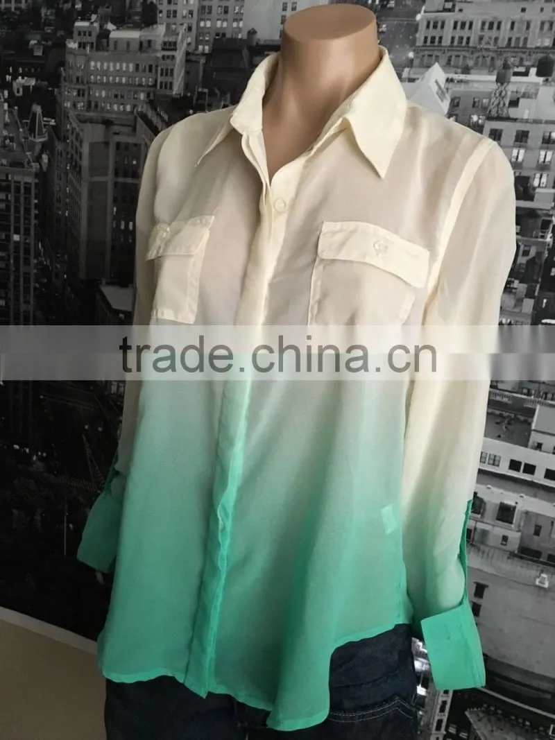 Womens Ombre Chiffon Button Down Shirt Top Long Sleeve Loose Casual Blouse