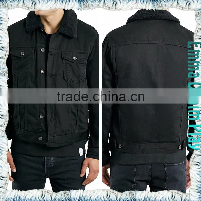 Medium Wash Fur Collar Black Denim Mens Short Jackets