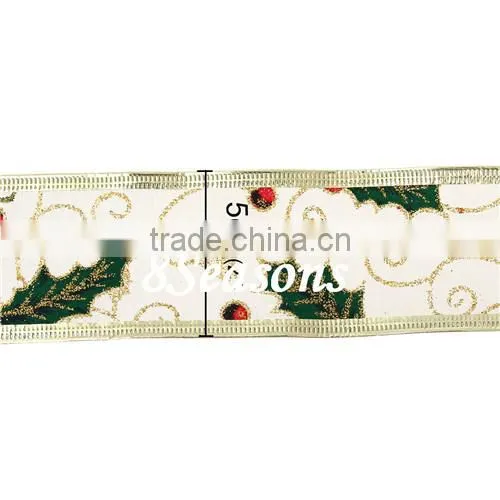Yellow Golden Tree Pattern Organza Ribbon For Christmas Decoration 5.0cm
