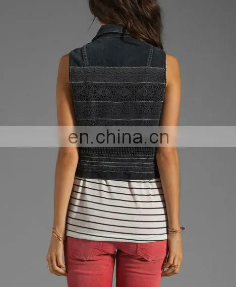 Fashion women denim vest Washed Sleeveless Snap black denim Jacket