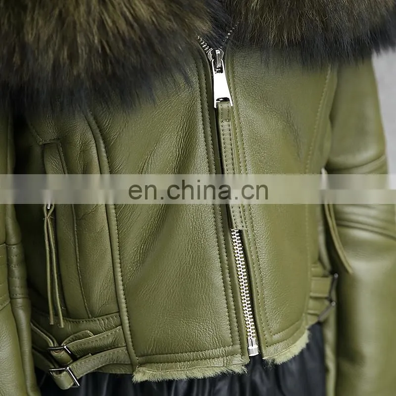 2017 High Quality Large Fluffy Real Raccoon Fur Collar Jacket Coat Lady Winter Sheepskin Genuine Sheep Leather Jacket Women