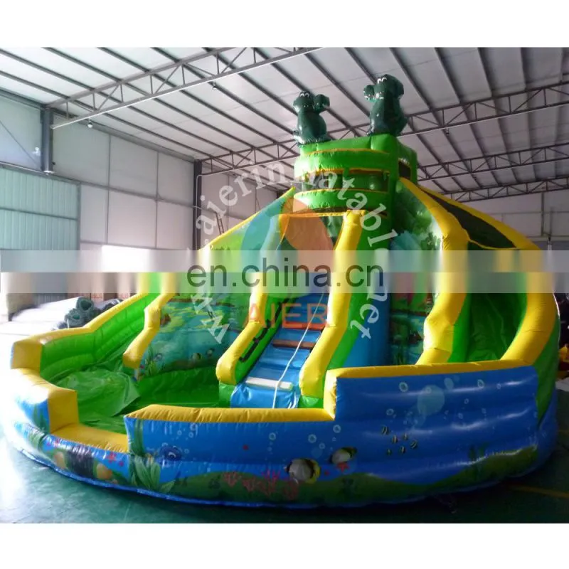 2017 New inflatable wetland park water slide , cute green inflatable pool slide