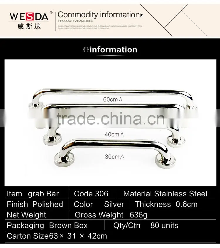 safety stainless steel straight or angled grab bar