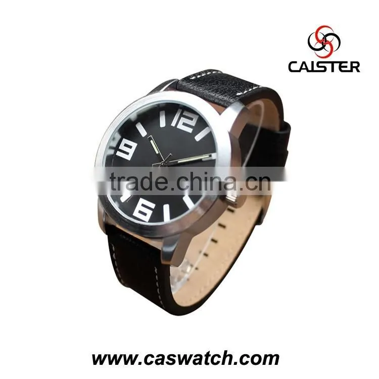 2016 classic simple design men's watch with large face, black face leather watch, sports style quality water resistant watch