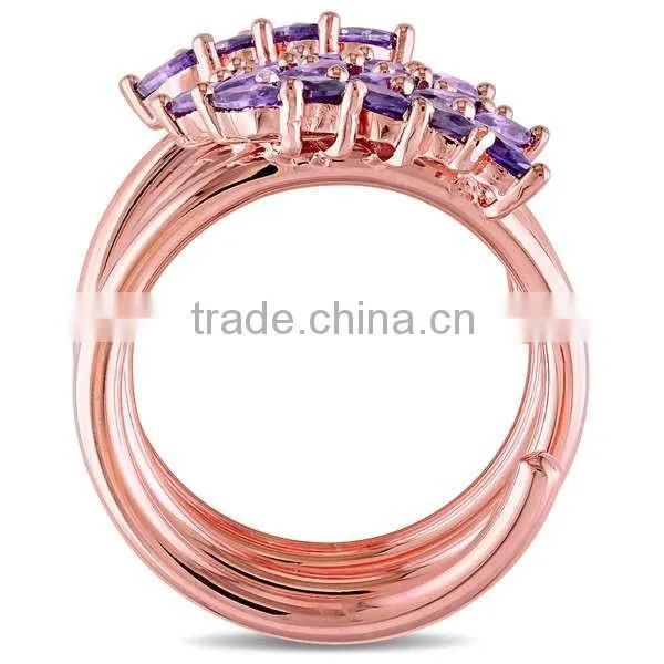 Rose Plated Silver Cubic Zirconia 3 Flower Long Finger Adjustable Ring