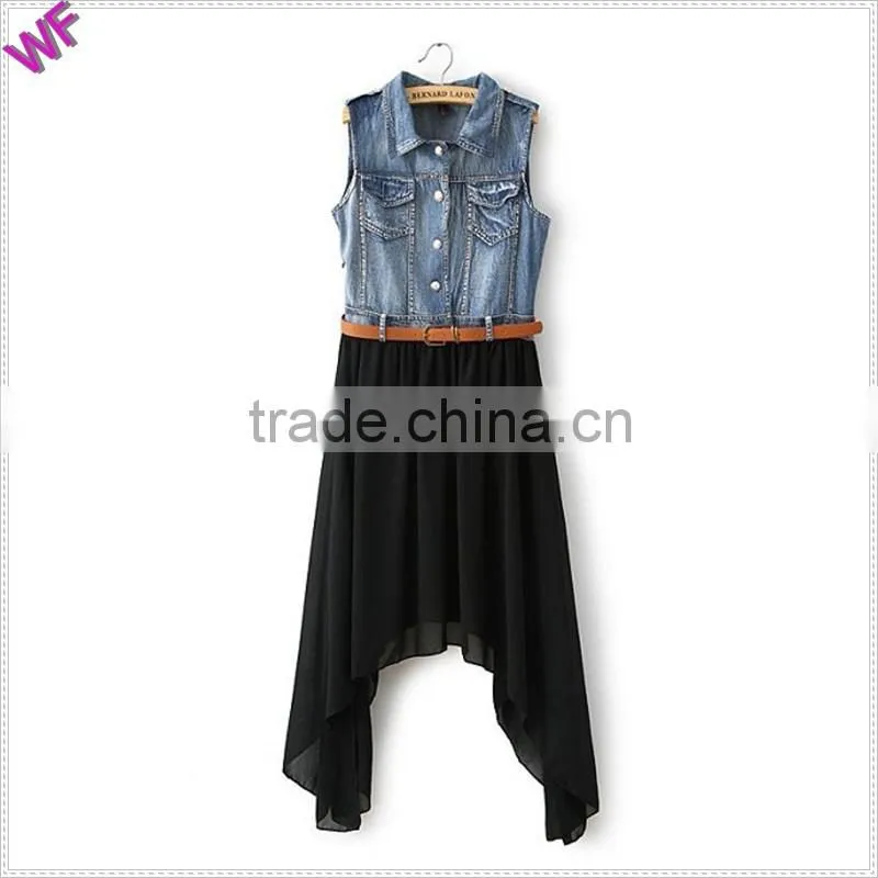 2015 high fashion denim match chiffion ladies denim chiffon dress