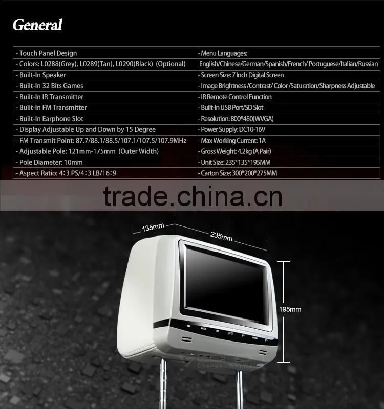 EONON L0288 7" HD Car Headrest Monitor with Built in DVD (Gray Color)