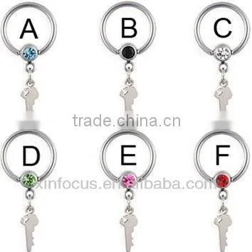 Captive bead ring with dangling key, 14 ga bcr body jewelry