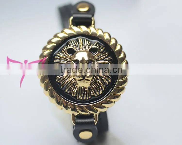 Gold/Black Lion head leather Button Bracelet