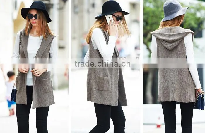 fashion knitted sweater vest, women cardigan sleeveless sweater vest with hood