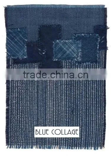 INDIGO DYED COTTON AND NATURAL BROWN COTTON HAND BAG WITH LEATHER SHOULDER-STRAP FROM THAILAND