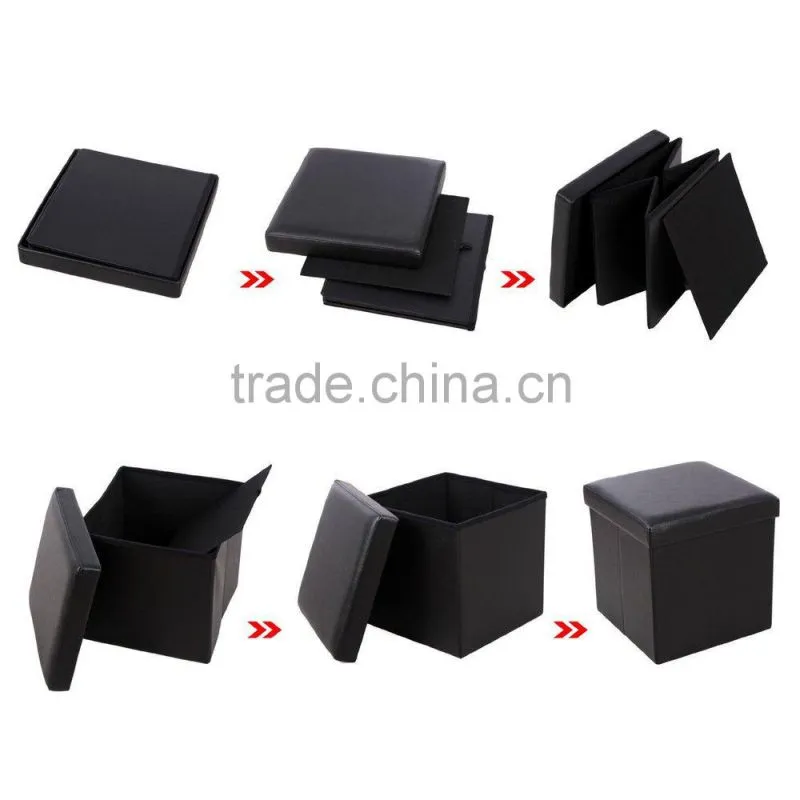 15" Cube Faux Leather Folding Storage Ottoman Black Foot Rest Stool Footrest